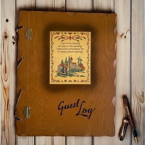 MidCentury Folksy CrossStitch Design Faux Wood & Leather Bound Guest Log